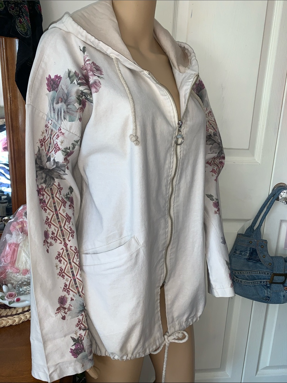 Vtg 90s Italian hooded floral cotton light jacket L - Picture 3 of 11
